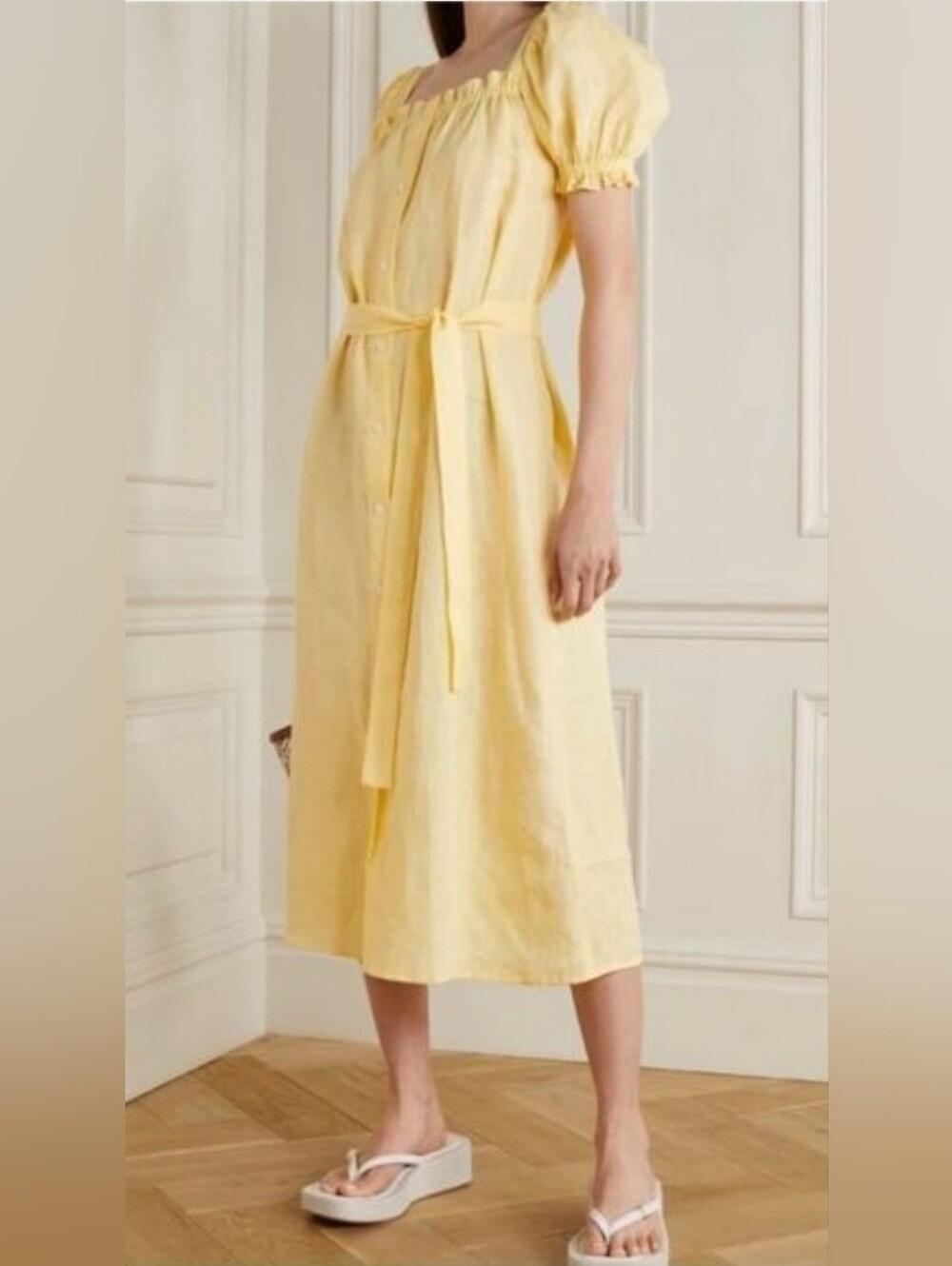 Sleeper 100% linen brigitte dress with belt in golden yellow, small